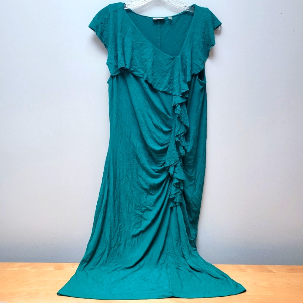 DKNYC | Teal Green Asymmetrical Ruched Ruffle Stretch Dress, Sz. L